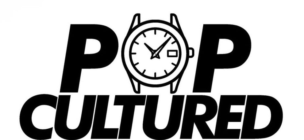 Black and white digital graphic featuring the text 'POP CULTURED' with a watch icon replacing the letter 'O', plus social media handles for Popculturedco on Instagram, TikTok, Facebook, and YouTube.